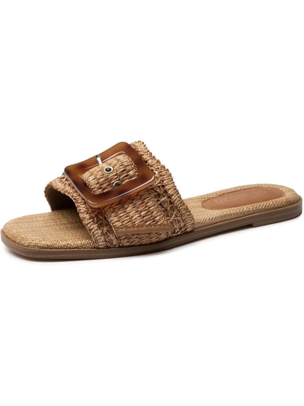 🆕Women's Brown Raffia Flat Sandals Square Toe Buckle Summer Beach Slides